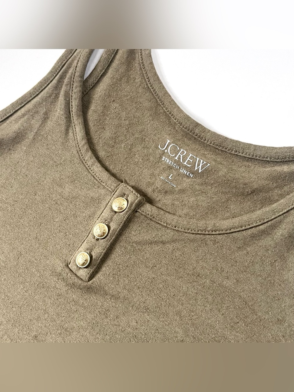 New J. Crew Women’s Stretch Linen Blend Henley Tank Top in Olive Green (Large) - Picture 4 of 8